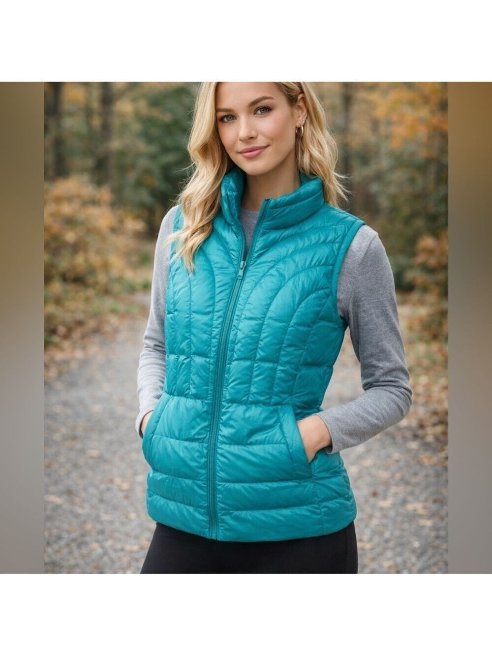 Be Inspired Teal Down Packable Puffer Vest PL Lightweight Zip Front Gorpcore